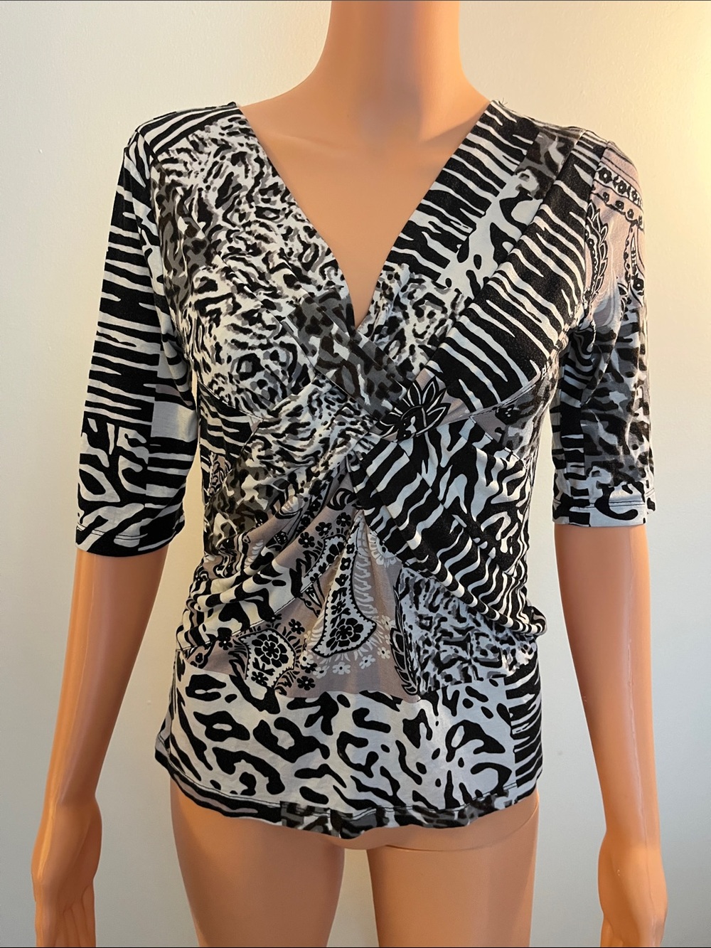 Cable & Gauge Black and White Mixed-Print Faux Wrap Top